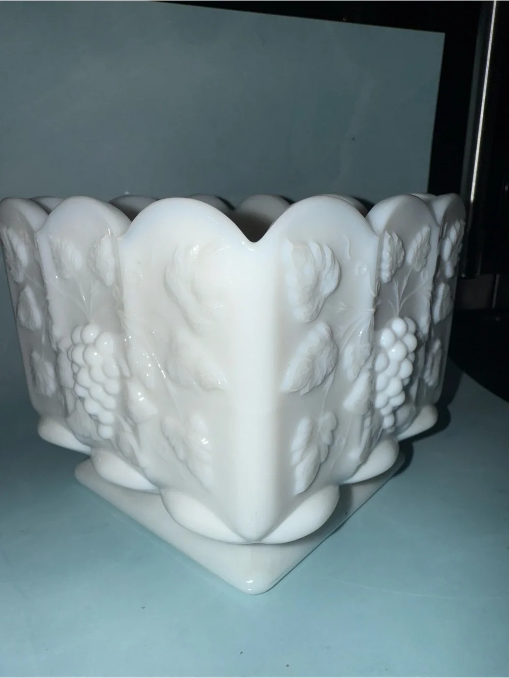 White Grape Relief Milk Glass Planter - Elegant Home Accent-    6”x6 1/2”